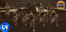 a group of clone troopers are standing in a room with a blue button that says ln