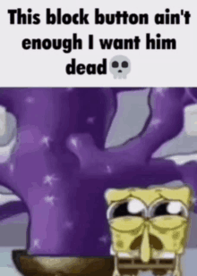 a cartoon of spongebob standing next to a purple tree with a skull on it