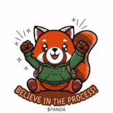 a red panda wearing a green hoodie with the words believe in the process written below it
