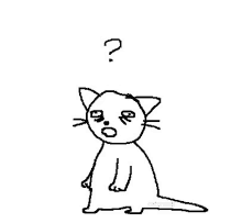 a black and white drawing of a cat with a question mark above it 's head .