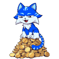 a blue cat is sitting on a pile of gold coins