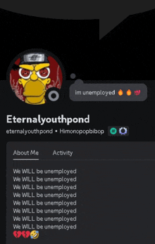 a screenshot of eternalyouthpond 's profile shows that he is unemployed