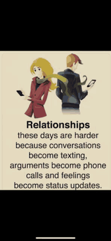 a cartoon of a man and woman looking at their phones with a quote about relationships