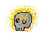 a pixel art of a skull with flames coming out of it 's eyes .
