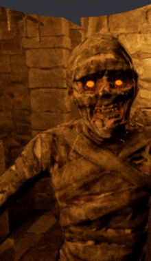 a mummy with glowing orange eyes is standing in a dark room