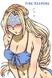 a drawing of a woman in a blue bikini with the words fire keepers written below her