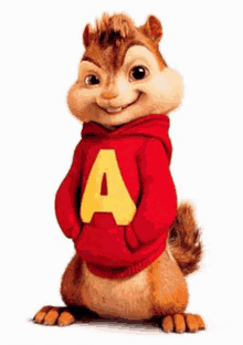 a cartoon chipmunk wearing a red sweatshirt with the letter a on it