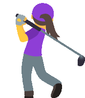 a woman is swinging a golf club and wearing a purple hat