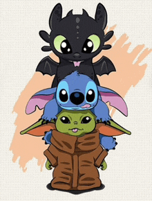 toothless and stitch are stacked on top of the baby yoda .