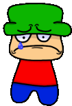 a cartoon character wearing a green hat and a red shirt and blue pants is crying .