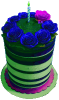 a birthday cake with blue roses and a single candle