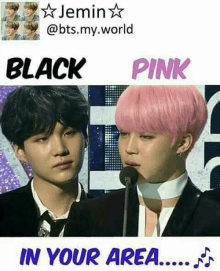 a man with black hair and a man with pink hair are standing next to each other