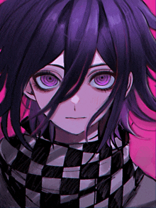 a person with purple hair and a checkered scarf