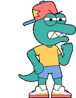 a cartoon alligator wearing a yellow shirt and a red hat