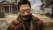 a man with glasses and a mustache is standing in front of a building in a video game