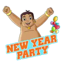 a cartoon illustration of a new year party with balloons and a cake