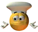 a yellow smiley face wearing a chef 's hat and gloves