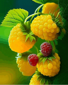 a bunch of yellow raspberries growing on a green plant