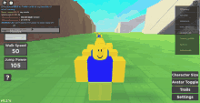 a screenshot of a roblox game shows a walk speed of 50 and a jump power of 105