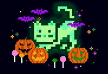 a pixel art illustration of a cat , pumpkins , bats and candy .