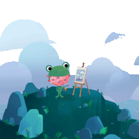 a frog painting a picture on an easel with a brush