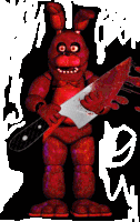 a red bunny is holding a bloody knife in front of a white letter w