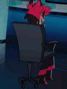 a cartoon character with pink hair is upside down on a desk
