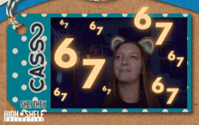 a picture of a woman surrounded by numbers including the number 67