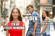 a man and a woman are walking down a street with the words 7th hp fleet rework and dev on the bottom