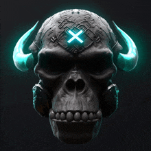 a skull with horns and headphones has a blue cross on it