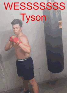 a shirtless boxer stands in front of a everlast punching bag with the name tyson written in red