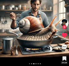 a man cooking a snail in a frying pan