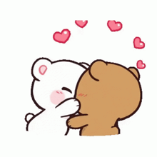 a cartoon of two teddy bears kissing each other with hearts surrounding them .
