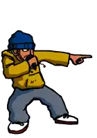 a cartoon of a man wearing a yellow jacket and a blue hat