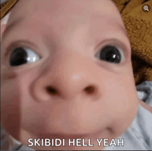 a baby making a funny face with the words skibidi hell yeah below it