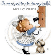 a little girl is talking on a telephone next to a small dog .