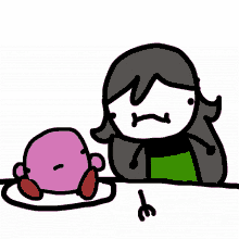 a cartoon drawing of a girl and a pink kirby