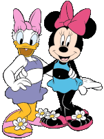 minnie mouse and daisy duck are standing next to each other wearing slippers with daisies on them