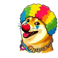 a dog wearing a clown wig and a chain around its neck has a red nose