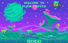 a pixel art of chameleons with the words welcome to planet speed along the bottom