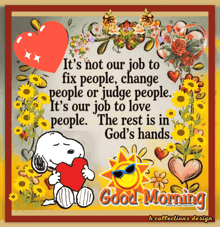 a good morning card with snoopy holding a heart and a quote
