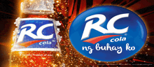 a bottle of rc cola next to a rc cola logo