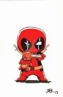 deadpool is holding a teddy bear and a gun in his hand .