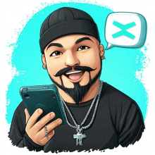 a cartoon of a man holding a cell phone with an x in a speech bubble above him