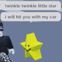 a yellow star with a face is standing next to a man in sunglasses .