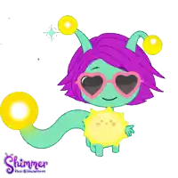 a shimmer the glowworm sticker with a purple haired alien holding a sun
