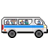 a pixel art drawing of a bus with people riding on it