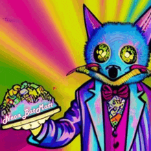 a colorful cartoon of a cat in a suit and bow tie holding a tray of food .