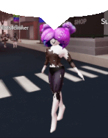 a cartoon character with purple hair is walking down a street in front of a shop