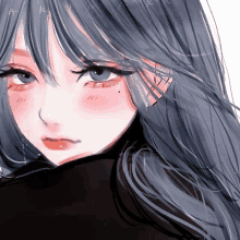 a close up of a drawing of a girl with long gray hair .